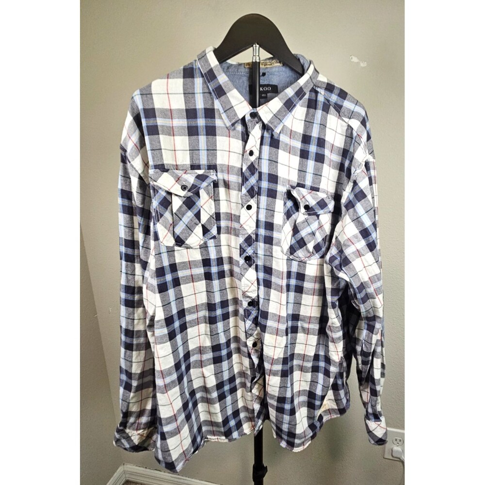 AKOO Plaid Button Up Shirt Mens 4XL Big Tall Blue Check L/S Streetwear Flannel